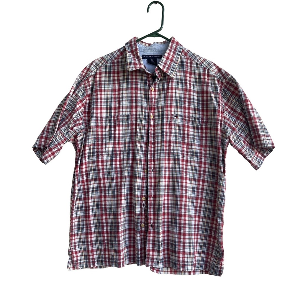Tommy Hilfiger Mens XL Short Sleeve Plaid Button Down‎ Shirt Red Blue White